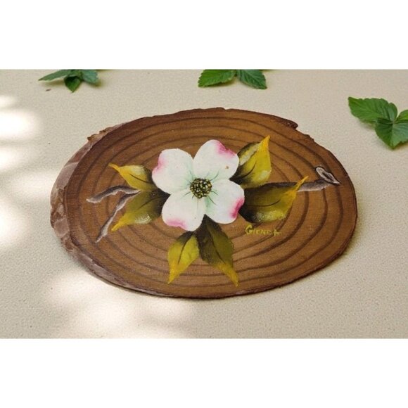 Handpainted Raw Wood Magnolia Flower Painting Wall Decor Signed Rustic Cottage - Picture 1 of 4